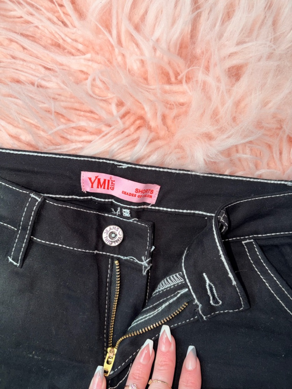 YMI Black High-Rise Women's Denim Shorts with White Contrast Stitching